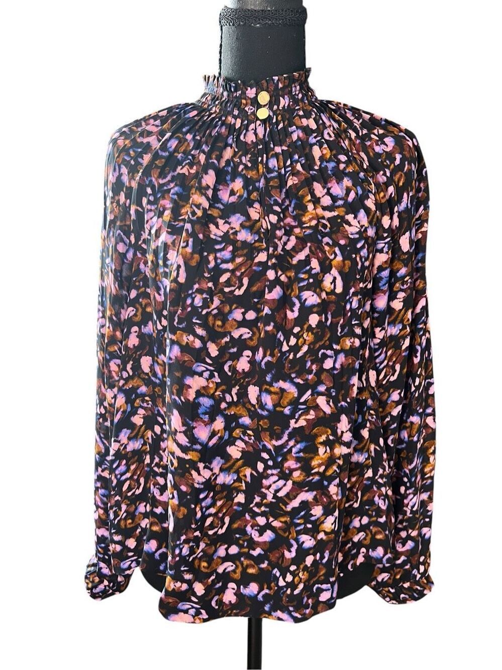 Marie Oliver S Arden purple abstract print pleated ruffle neck gold button blous